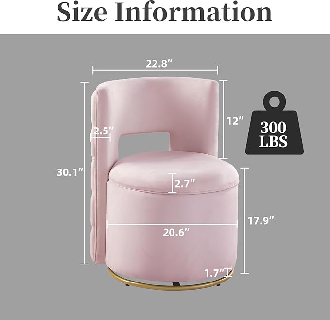 Swivel Chair with Storage for Living Room Round Velvet Vanity Chair with Tufted Button Back Pillow Included (Pink)