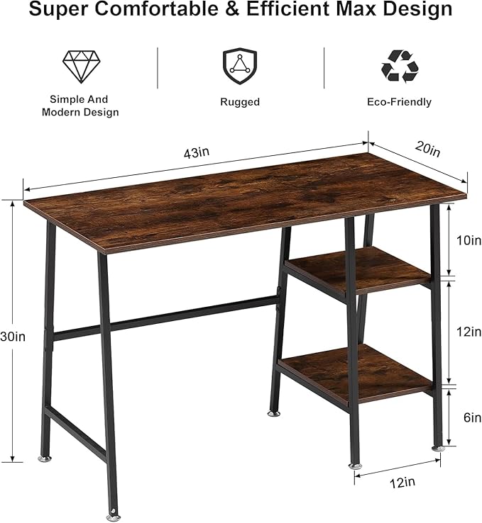 VECELO 43 Inch Computer Desk Writing Study Work Office Table Modern Desk with Shelves Wooden Desk for Home BedroomWalnut Desk