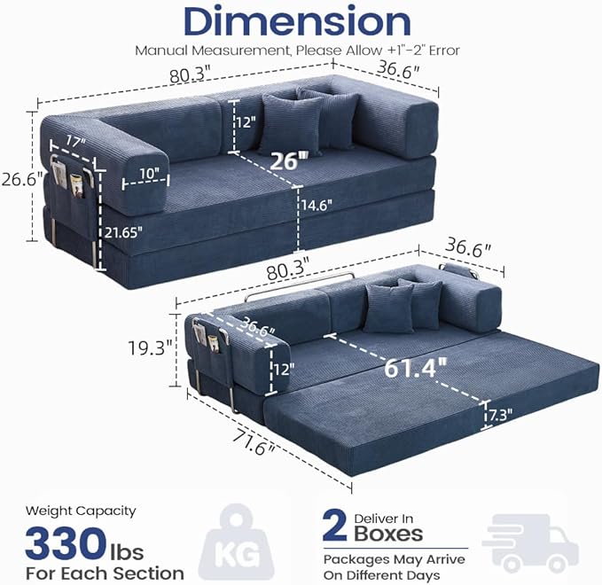 Folding Sofa Bed Convertable Corduroy Couch King Size Floor Sleeper 4-in-1 DIY Combination Modular Sofa Fold Out Futon Lounge Comfy Foldable Lazy cama for Living Room (Blue 80.15)