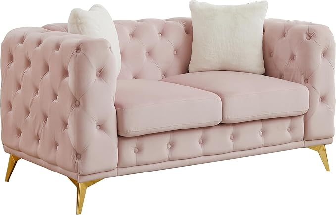 61.25'' Velvet Chesterfield Sofa Button Tufted Upholstered Love Seat Sofa Couch with 2 Pillows Golden Metal Feets Removable Thick Cushions Small Loveseat Couches for Living Room Apartment Pink