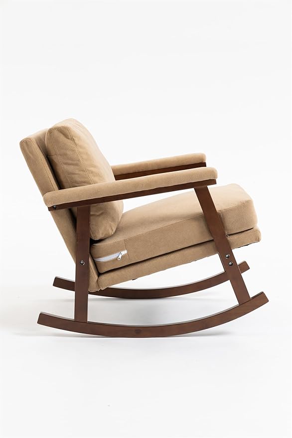 ZeHuoGe Mid Century Modern Accent Chair Rocking Chair with Wood Frame Upholstered Living Room Chairs Reading Armchair for Bedroom Sunroom (Khaki)