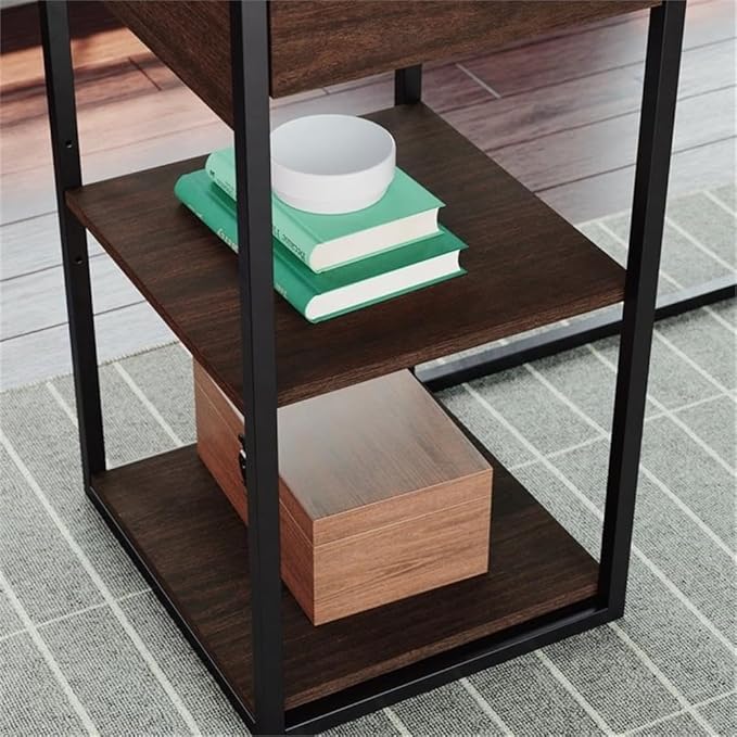 Pemberly Row L-Shaped Engineered Wood Desk Deco Stone Gray Finish 65.98 W x 60 D x 29.72 H Powder Coated Metal Frame Cord Management 2 Drawers Fixed Shelf Cubby Storage Home Office Desk