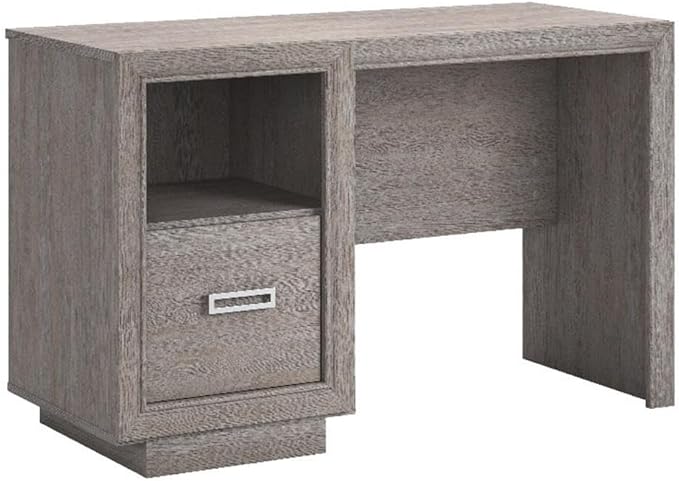 Pemberly Row Contemporary Engineered Wood Desk Ashen Oak Finish 47 in Wide with File Drawer Open Shelf Cord Management System Modern Home Office or Workspace Furniture