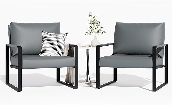 Accent Chair Set of 2 Leather Modern Comfortable Waiting Room Chairs Easy to Clean Couch Chair for Living Room Bedroom Office (Grey)