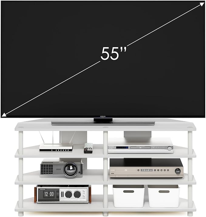 Furinno ECON TV Stand 4-Tier Corner Entertainment Center TV Console for TV up to 55 Inch Easy Assembly for Living Room Bedroom White
