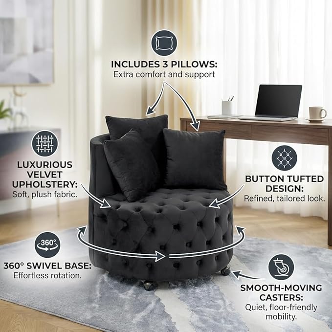 Velvet Upholstered Swivel Chair Velvet Swivel Chair for Living Room Button Tufted Velvet Upholstered Swivel Chair Design with Movable Wheels Includes 3 Decorative Pillows Black
