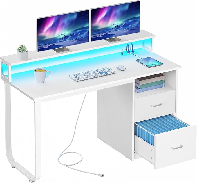 DWVO Office Desk with Drawers 47 Computer Desk with Power Outlets &amp LED Light Home Office Desk with Storage &amp Monitor Stand White