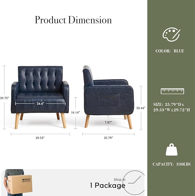 Leather Accent Chair Set of 2 Mid-Century Modern Tufted Living Room Chair with Wooden Legs and Side Pocket Cozy Office Reading Chair Comfy Armchair for Living Room Waiting Room