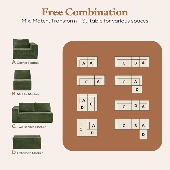 40 Memory Foam Couch Footrest Cloud Modular Sofa Ottoman Upholstered Floor Sofa Ottoman Upholstered Sofa for Bedroom Living Room No Assembly Required (Green Plush Corduroy Fabric)