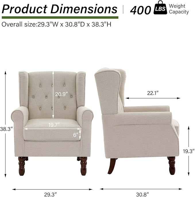 Accent Chair Upholstered Armchair with Button Tufted High Back &amp Solid Wood Legs Comfy Wingback Reading Single Sofa Chair for Small Spaces Living Room Bedroom (Beige Set of 2)