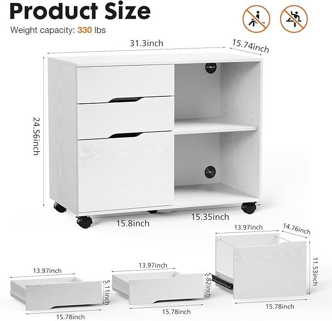 File Cabinet with 3 Drawers Mobile Lateral Filing Cabinet with Open Storage Shelves for Home Office Under Desk Storage White