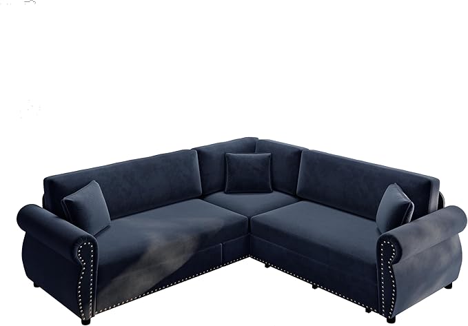 88 L Shaped Sectional Sleeper Sofa Couch with Pull Out Bed Oversized Chenille Convertible Sectional Couches with Nailhead Trim &amp Rolled Arm for Living Room Removable Sofa CoverBlue