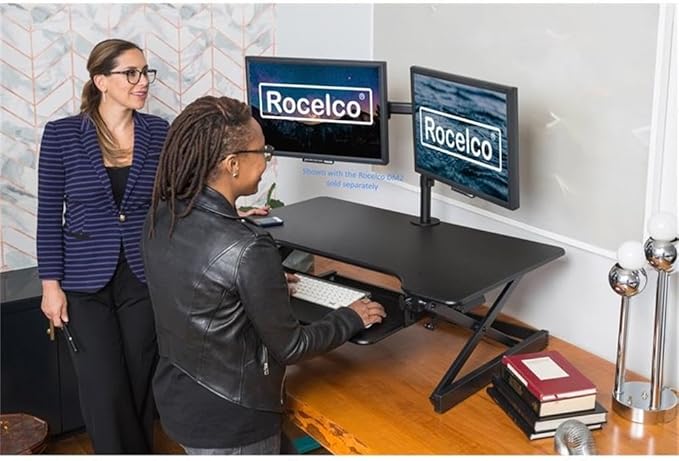 Pemberly Row 38 Height Adjustable Standing Desk Converter Black Finish Metal Construction Large Work Surface Ergonomic Retractable Keyboard Tray Grommet Hole Sit-to-Stand Home Office Desk
