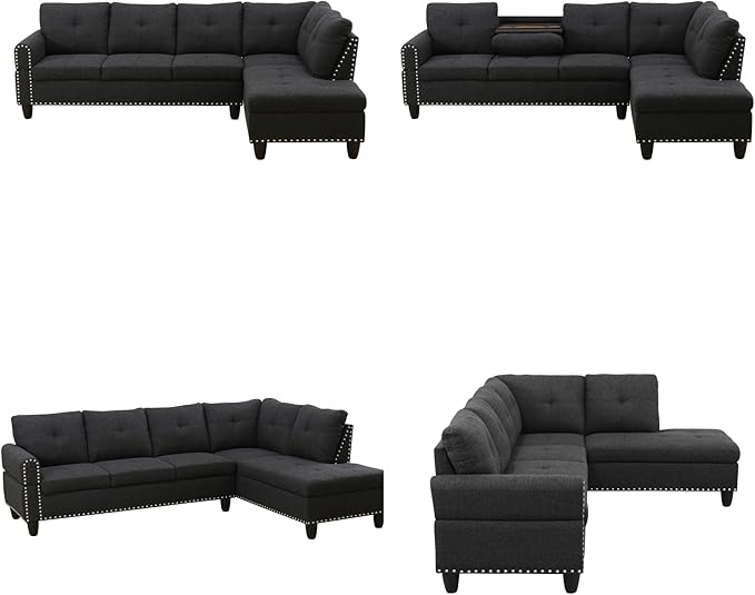 Sectional Couches for Living Room Convertible 4 Seat Modular Sectional Sofa Set for Living Room L Shaped Couch Modern Sofas for Apartment/Office Dark Grey