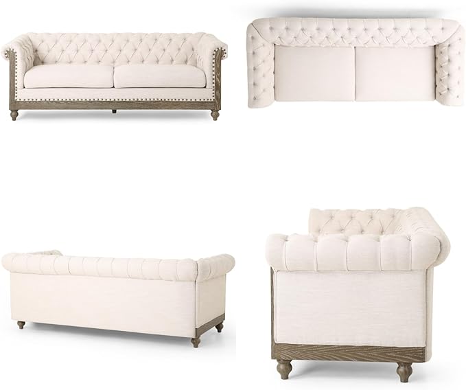 Merax Chesterfield Sofa Retro Style Upholstered 3 Seater Rolled Arm Couch for Living Room Bedroom Office Beige