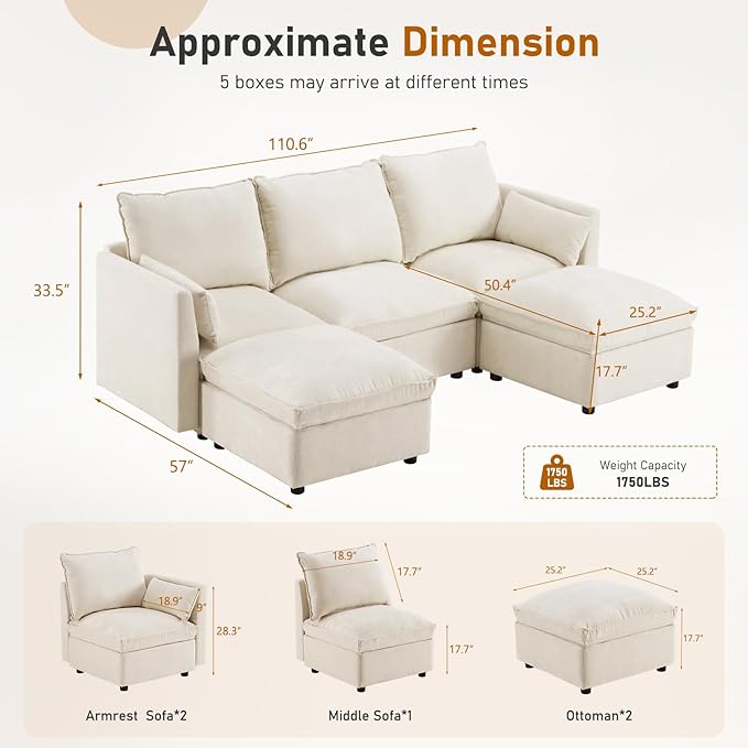 Furnimart 82.6 Modular Sectional Sofa with Full Seat Storage U-Shaped 3-Seater Deep Seat Couch with Chenille Fabric Sectional with 2 Movable Ottomans for Living Room Beige