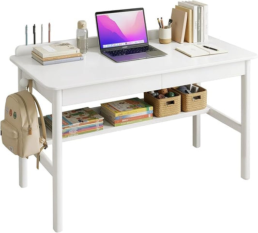 Solid Wood Study Desk &amp Home Office Writing Table with Drawers 40 Vintage Mid Century Modern Computer Desk Home Office Workstation for Bedroom Small Spaces Apartment(White39.4 Inch Wide)