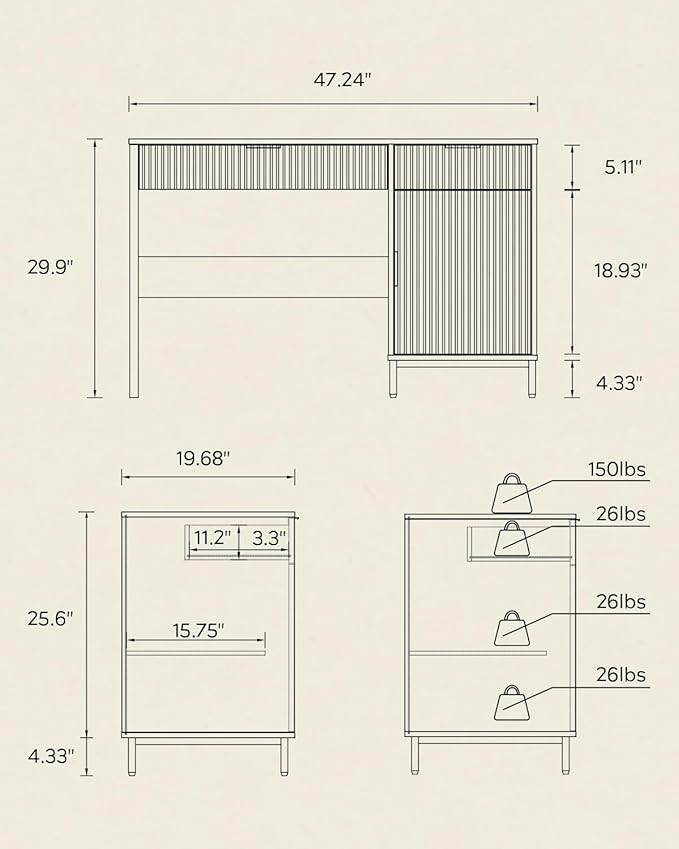 47 Office Desk with Fluted Drawers Wooden Home Exectuive Desk with Storage Cabinet Charging Station Metal Legs Modern Farmhouse Computer Desk for Work Study Brown