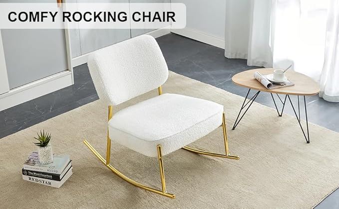 Teddy Suede Material Cushioned Rocking ChairUnique Rocking ChairCushioned seat White Rocking Chair with backrest and Golden Metal Legs. Comfortable Chairs in Living Room