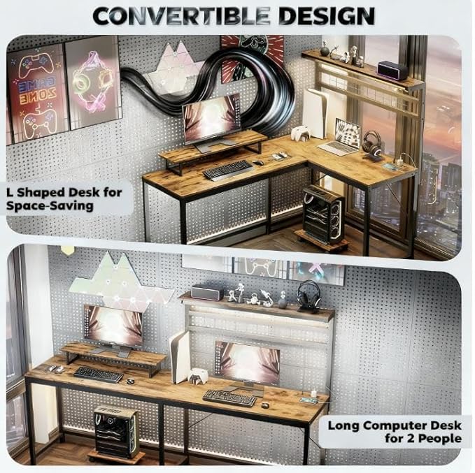 61.6'' L Shaped Gaming Desk with Power Outlets &amp LED Lights Reversible Computer Table with Monitor Stand and CPU Shelf Cornor Office Table PC Desk for Writing Study (Rustic Brown)