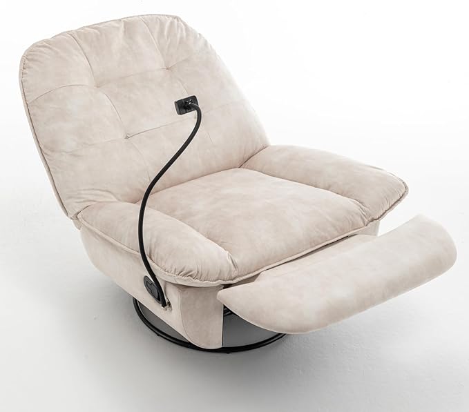 Swivel Rocker Recliner Chair for Adult Oversized Armless Recliner with Phone Holder Comfy Swivel Glider Recliner Velvet Reading Chair for Living Room (Ivory)