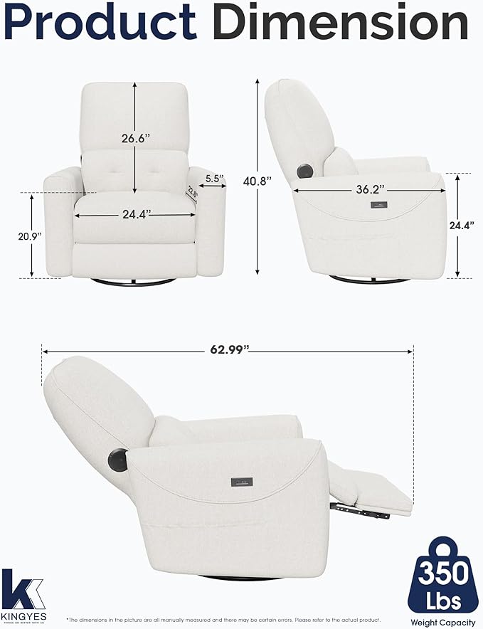KINGYES Power Recliner Chair 270° Swivel Glider Living Room Recliner with USB-C Port Nursery Rocking Chair Beige