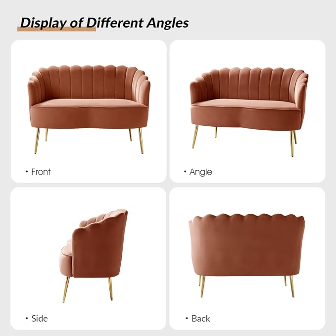 Velvet Upholstered Loveseat Sofa with Gold Metal Legs Modern Comfy Small Love Seat with Flower Shaped Back 2-Seater Sofa Accent Couch for Living Bedroom Leisure Areas Coral