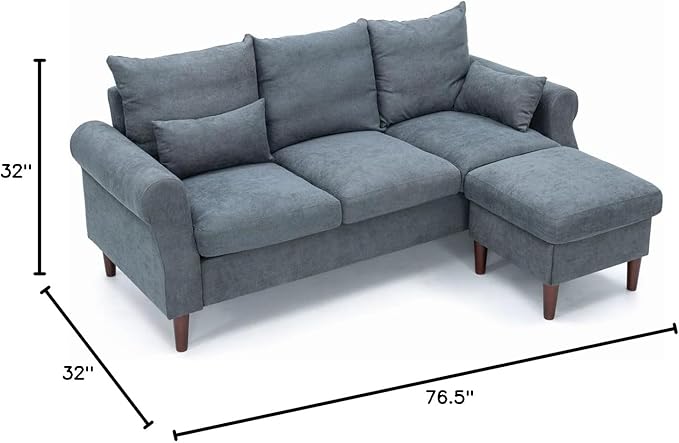 Panana 3 Seater Sofa with Footstool Set Rolled Arm Classic Couch Solid Wood Legs Settee for Small Living Room Office Lounge (Gray 3 Seater with Ottoman)
