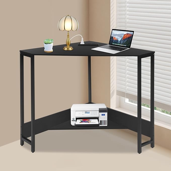 Corner Computer Desk L Shaped Desk with Outlets and USB Ports 90 Degree Triangle Corner Table Compact Home Office Triangle Table for Home Office Bedroom (Black)