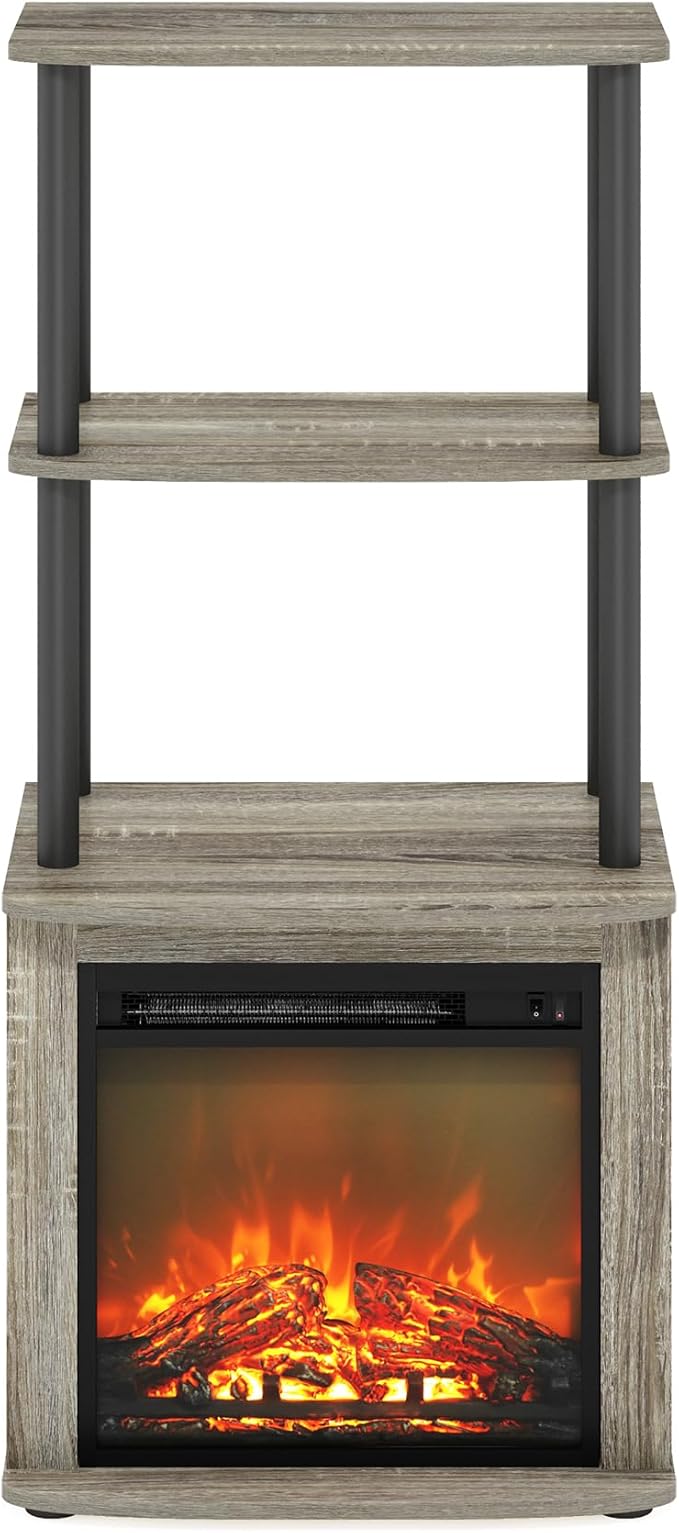 Furinno Turn-N-Tube 2-Tier Tall TV Entertainment Side Table Display Rack with Fireplace Insert French Oak Grey/Black
