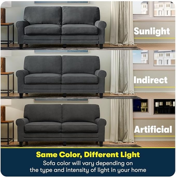BOWERY HILL 61 Rolled Arm Loveseat Sofa Charcoal Upholstered Pill-Resistant Polyester Compact Space-Saving Design with Removable Covers Solid Wood Frame Modern Living Room Seating