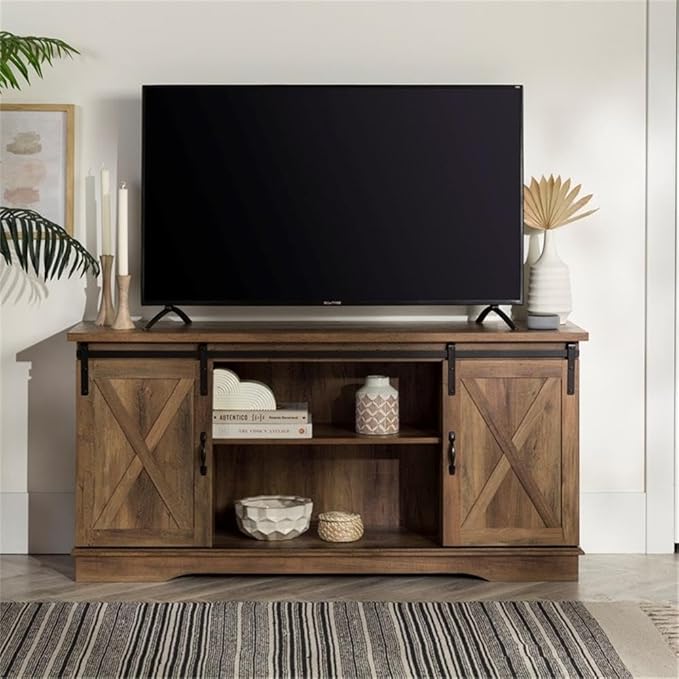Walker Edison Richmond Modern Farmhouse Sliding Barn Door TV Stand for TVs up to 65 Inches 58 Inch Reclaimed Barnwood
