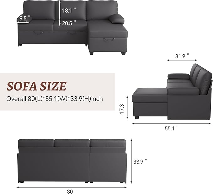 80 inch Convertible Sectional Sofa L-Shaped Sofa Sleeper with Reversible Chaise Faux Leather Couch Bed with StorageRemovable ArmrestModern Pull Out Bed for Living Room BedroomGray