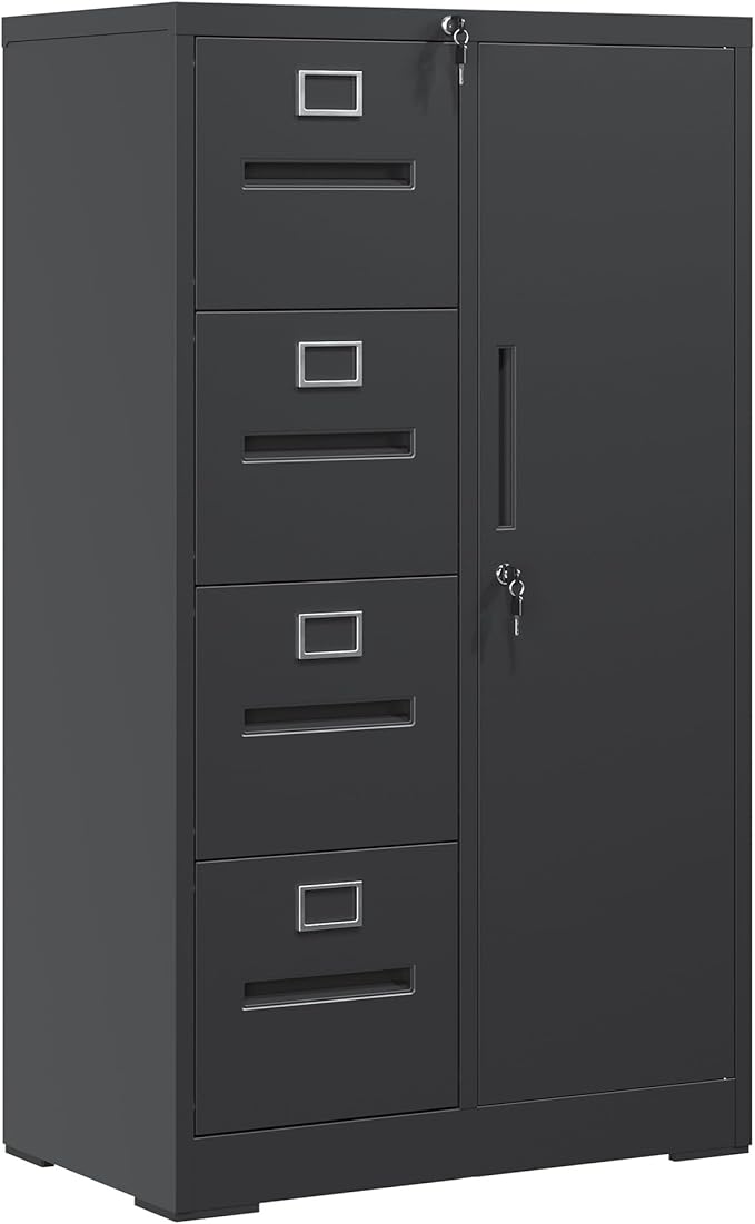 4 Drawer Small File Cabinet with Lock Under Desk Locking Drawers Storage Cabinet Organizer for Home Office Filing CabinetsBlack