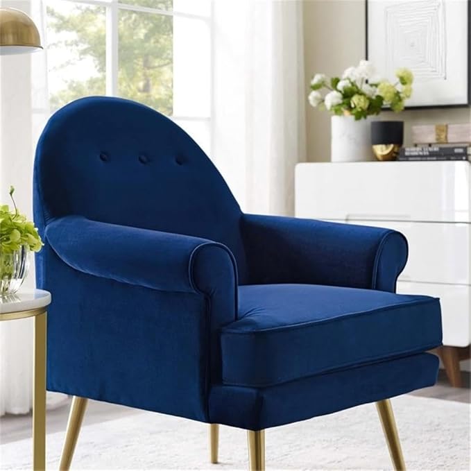 Pemberly Row Modern Velvet Button Tufted Accent Armchair Navy Upholstery Gold Stainless Steel Legs Dense Foam Padding 25.5 H x 30 W x 33.5 D Living Room Lounge or Home Office Chair