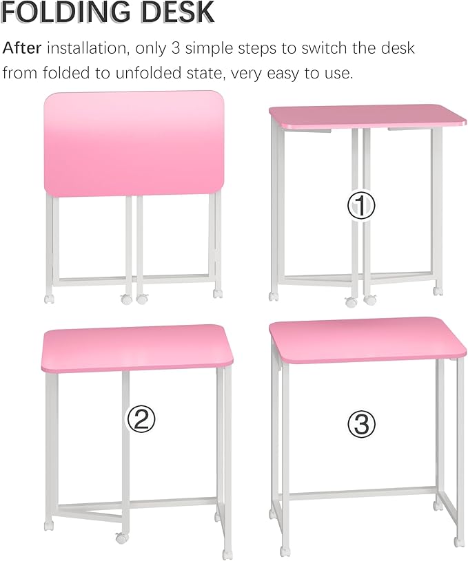 4NM 23.6 Mobile Small Rolling Computer Desk Folding Laptop Cart Table with Wheels Portable Office Desk for Small Space Couch Bed - Pink and White