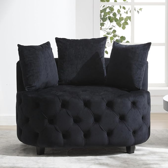 Round Accent Chair 40” Modern Velvet Sofa Chair with 3 Pillows Comfy Upholstered Tufted Club Lounge Chair for Living Room Bedroom Black