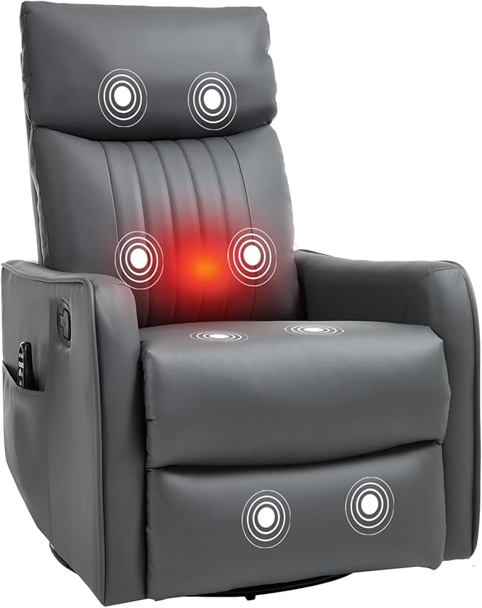 PELUMY 360 Swivel Rocking Recliner Chair for Adults Nursery Rocking Chair with Heat and Massage Glider Reclining Chair for Small Space Living Room Bedroom (Breathable Leather Grey)