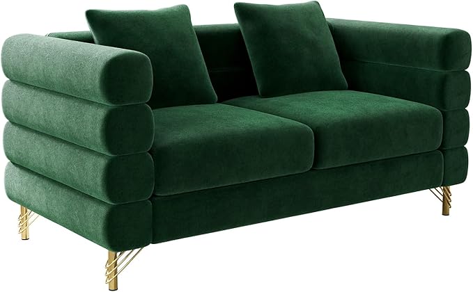 Cloud Couch for Living Room 59 Modern Overstuffed Deep Seat Velvet Loveseat Sofa with 2 Pillows Comfy Upholstered 2 Seater Love Seat for Bedroom Office Emerald Green Velvet