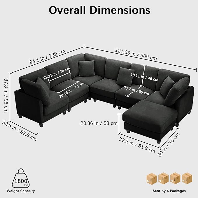 121'' 7-Seater Modular Sectional Upholstered Couches Chenille Cloud Couch with Movable OttomanL/U-Shape Modern Sofa for Living RoomBlack