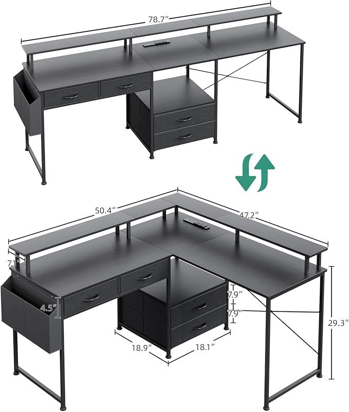 L Shaped Desk with 4 Fabric Drawers 78.7 Home Office Desk with Printer Storage Shelf &amp Power Outlet Two Person Desk with Monitor Shelf Corner Computer Desk Gaming Desk with Led Lights Black