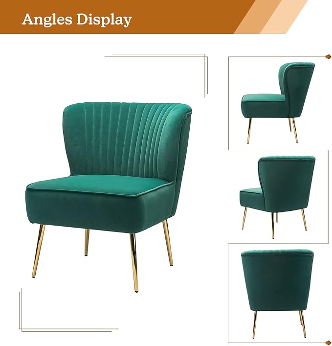 TINA'S HOME Monica Velvet Accent Chair Set of 2 Mid Century Side Chair Comfy Upholstered Living Room Chair with Golden Legs Wingback Armless Slipper Chair for Bedroom Guest Room- Emerald Green