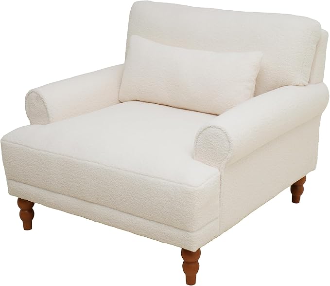 Teddy Fabric Accent Arm Chair with Solid Wood Legs | Ergonomic Lumbar Support Cozy French Country Chic Large Lounge Chair for Living Room Bedroom Study