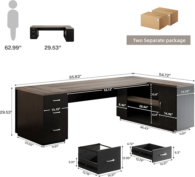 Tribesigns 85.8-Inch L-Shaped Executive Office Desk with File Drawers &amp Storage Cabinet Professional Corner Computer Desk Extra Large Business Workstation with Adjustable Shelves (Gray&ampBlack)