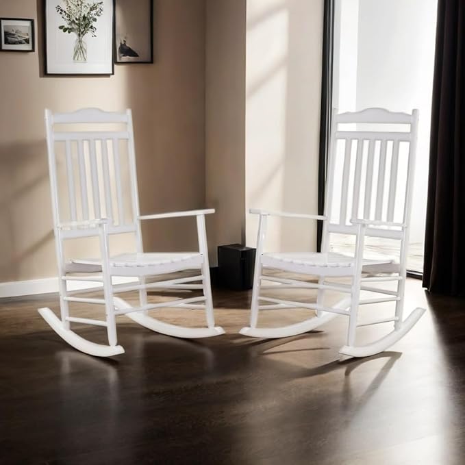 Outdoor Patio Wooden Rocking Chairs Set 2 Piece Furniture Comfy Rockers for Adults Porch Lawn Room Outside Indoor White