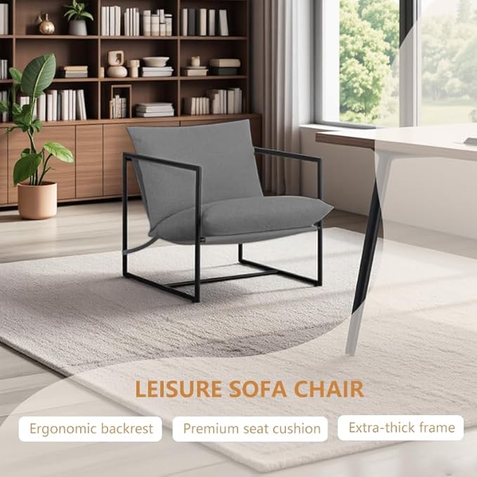 Mid-Century Modern Accent Chair Comfortable Indoor/Outdoor Lounge Chair with Cushion Armrests &amp Sturdy Iron Frame Leisure Reading Chair for Living Room Bedroom or Patio Grey