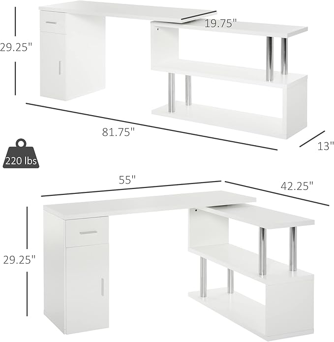 Rotating Computer Desk 55 L Shaped Desk Corner Desk with Storage Shelves Cabinet and Drawer for Home Office White