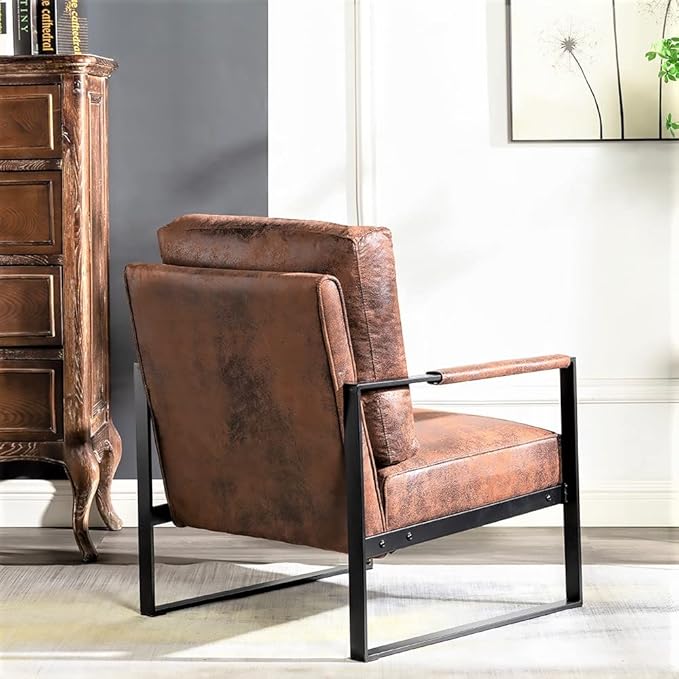 Classic Mid Century Modern Accent Chair with Square Metal e Armchair for Living Room Bedroom Home Office in Spotted Microfiber Upholstery Brown