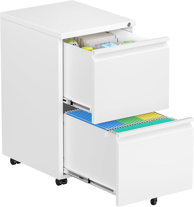Incbruce 2 Mobile Drawer File Cabinet with Wheels Metal File Storage Cabinet with Lock Filing Cabinet Under Desk for Home Office Easy Assemble (White)