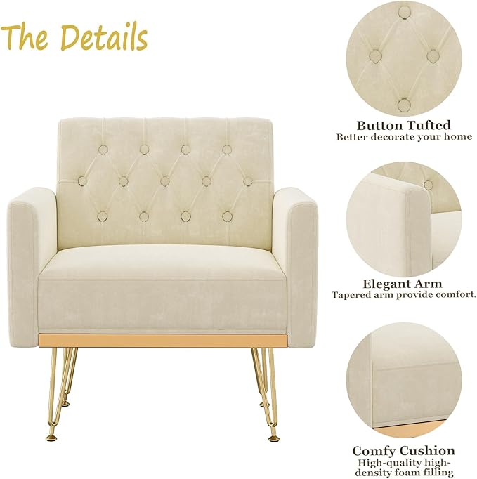 Olela Accent Chair with Arm for Living Room Velvet Modern Armchair Single Sofa Cozy Tufted Upholstered Reading Side Chairs with Gold Metal Leg for Bedroom Decorate